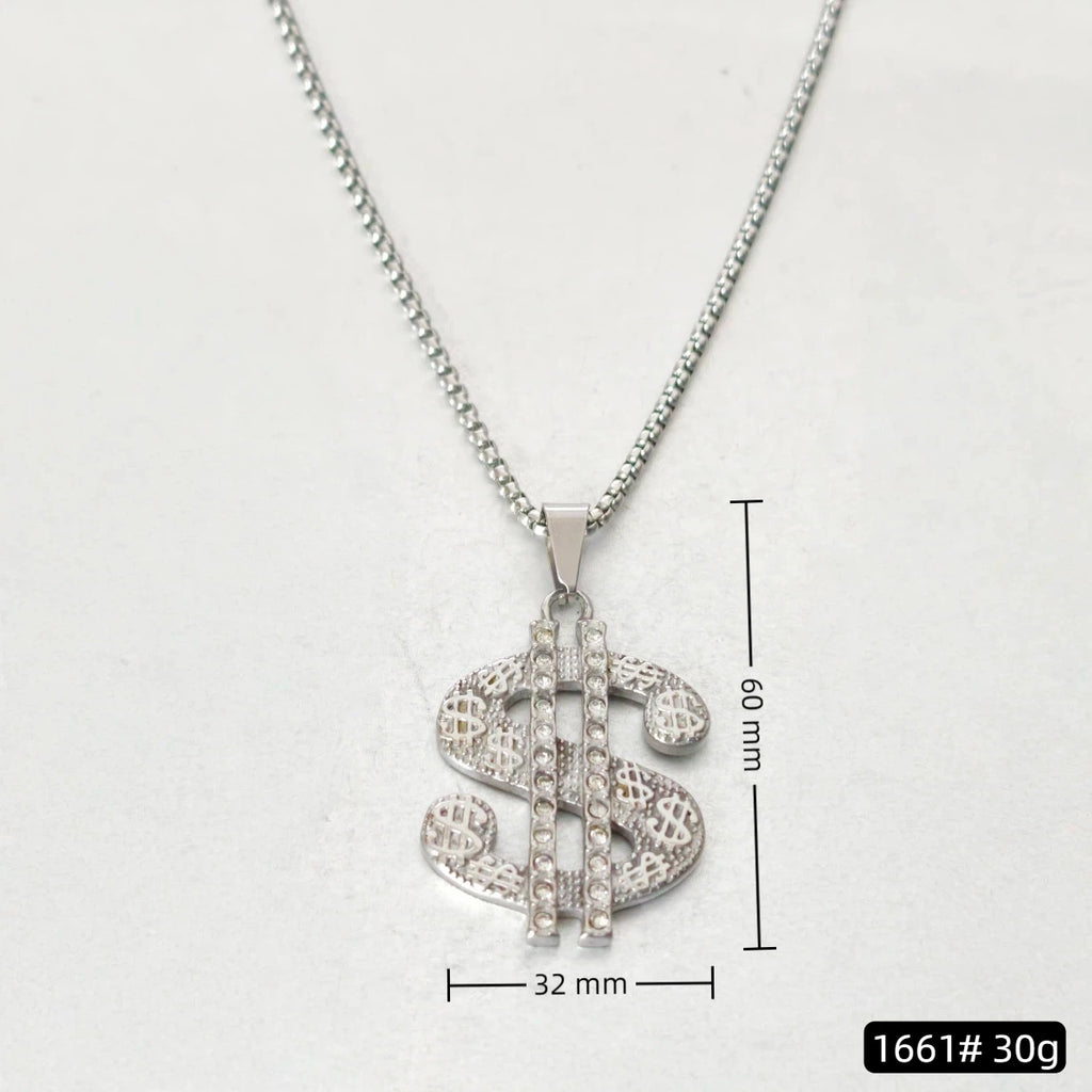 Hip Hop Iced Out Bling Dollar Sign Pendant Gold Color Stainless Steel Rapper Money Necklace For Men Women Hippie Jewelry Gift