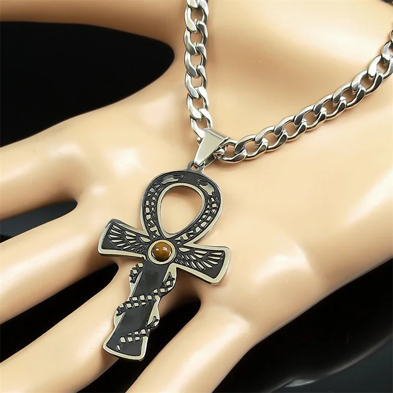 Cross Ankh Silver Pendant Retro Tiger Eye Stone