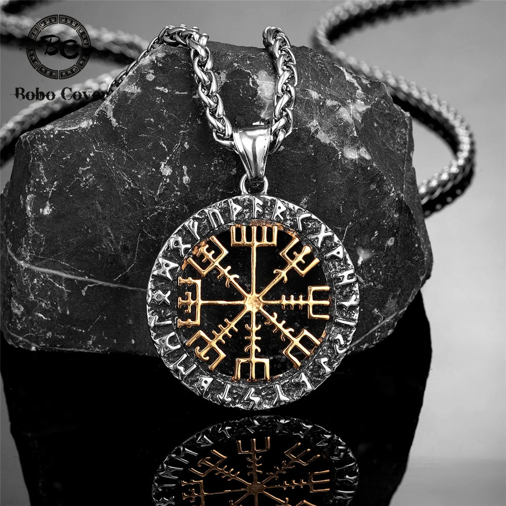Viking Compass Norse Runes Necklace Men Gold Color Stainless Steel Vegvisir Pendant Never Fade Vintage Male