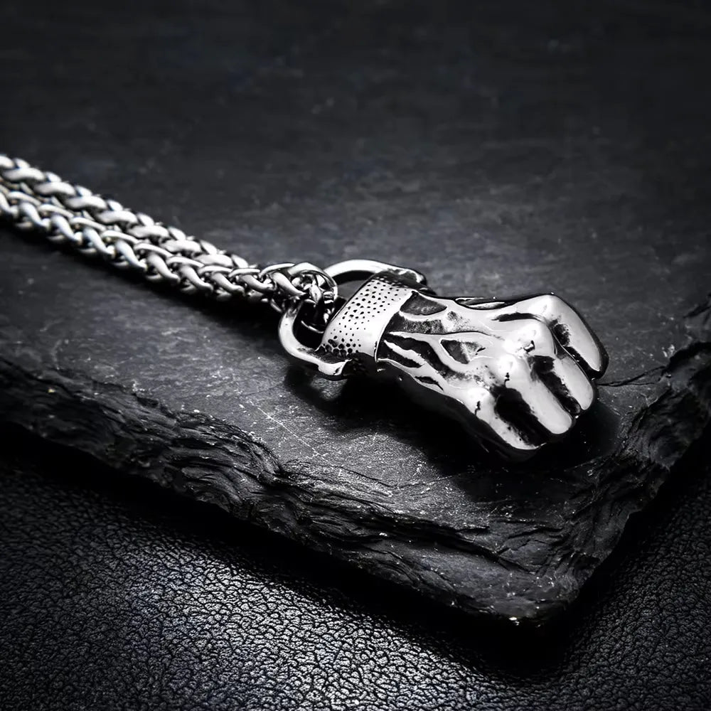 Retro Strength Fist Hand Pendant Necklace Stainless Steel Clenched Fist Hand Amulet Pendant Unisex Gothic Hip Hop