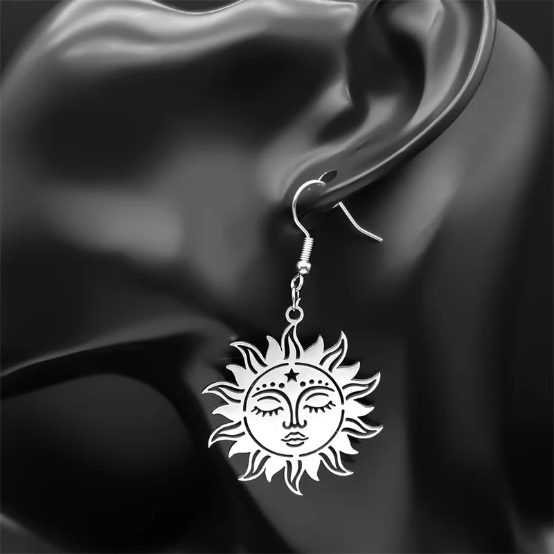 Star Moon Silver Earrings Gothic Sun Face Pentagram