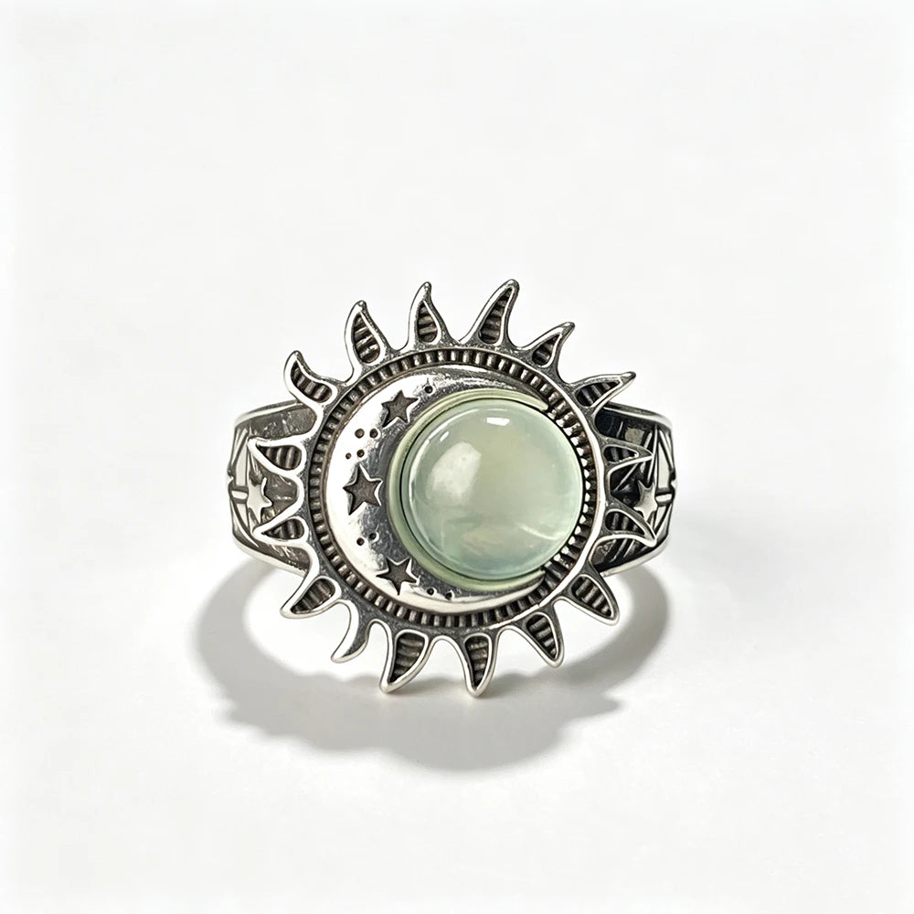 Sun Star Moon Cabochon Ring — Silver-Tone Bohemian