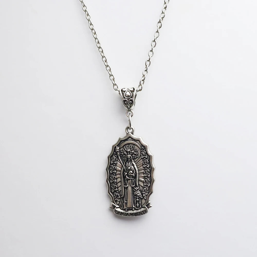 Santa Muerte Pendant Necklace, Gothic Death Saint Medal Necklace with Rose Border, Occult Dark Aesthetic Jewelry for