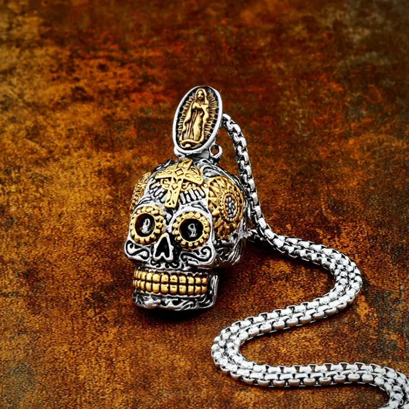 Retro Gothic Golden Cross Skull Pendant Necklace for Men Fashion Party Rock Motorcycle Riding Punk Jewelry Gift