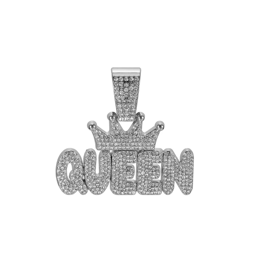 Men's Hip Hop Crown with QUEEN Letter Pendant Necklace For Women Crystal Cuban Chain Iced Out Bling Necklaces Rock