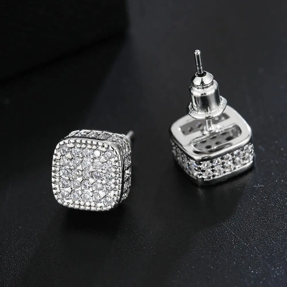 Iced Out Square Zirconia Stud Earrings for Men Women — Gold-Tone
