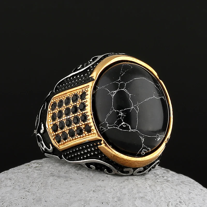 Vintage Gothic Style Black Stone Ring 316L Stainless Steel Craved Ring Men and Women Fashion Biker Jewelry Gift