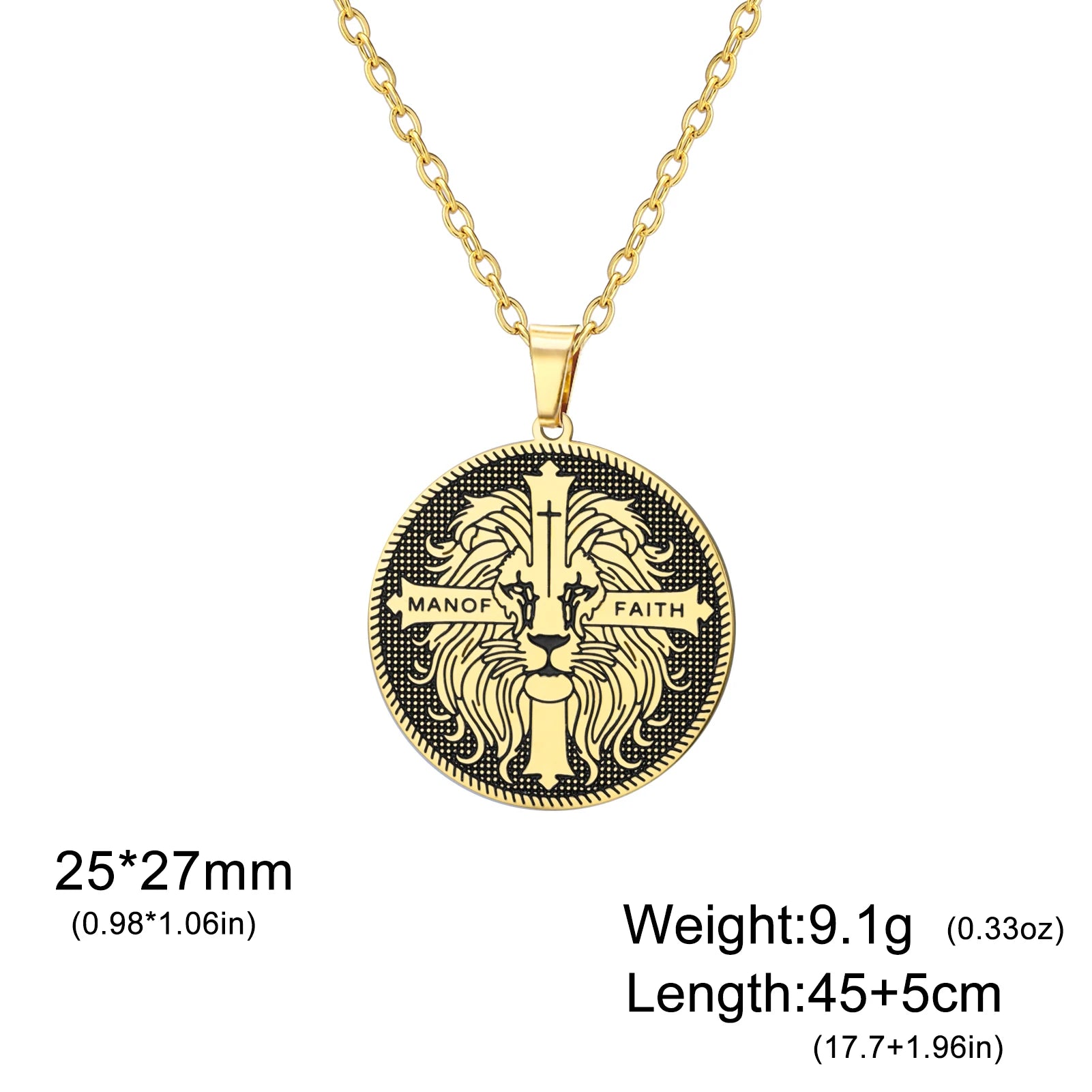 Cazador Vintage Man of Faith Lion Cross Pendant Necklace for Women Men Stainless Steel Box Chain Christian Faith Jewelry Gifts