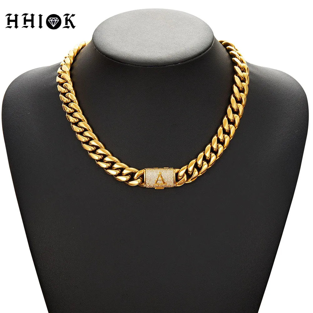 HHIOK Gold Plated Stainless Steel Cuban Chain Set Brass Zircon A Letter Diamond Clasp Men Hip Hop Miami Necklace