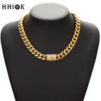 HHIOK Gold Plated Stainless Steel Cuban Chain Set Brass Zircon A Letter Diamond Clasp Men Hip Hop Miami Necklace