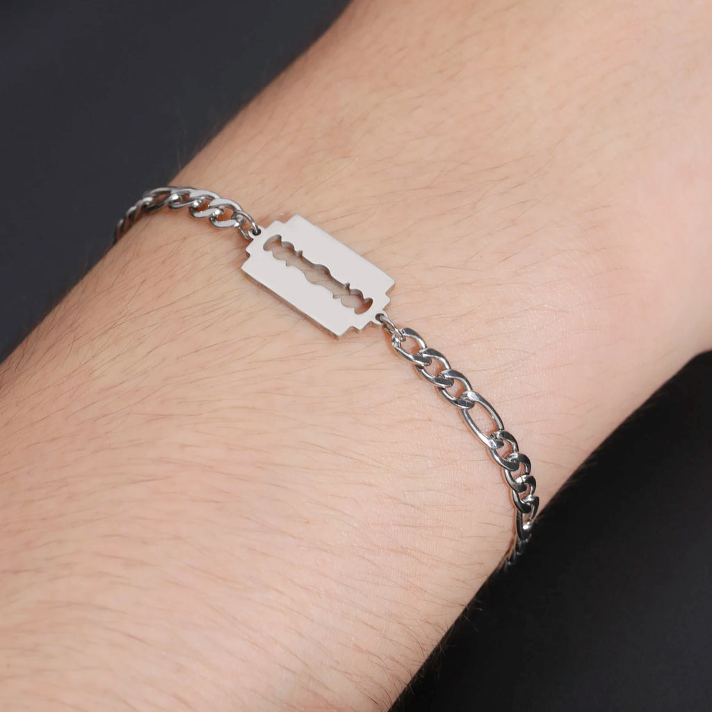 Razor Blade Figaro Chain Bracelet for Men — Stainless Steel