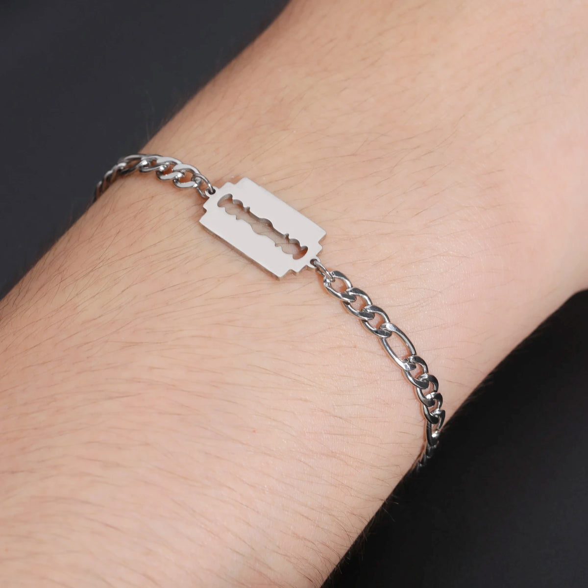 Razor Blade Figaro Chain Bracelet for Men — Stainless Steel