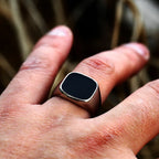 Retro Flat Square Black Glass Onyx Ring For Men Classic Metal Designer Ring Jewelry Rock Hiphop Accessories Unisex Gift