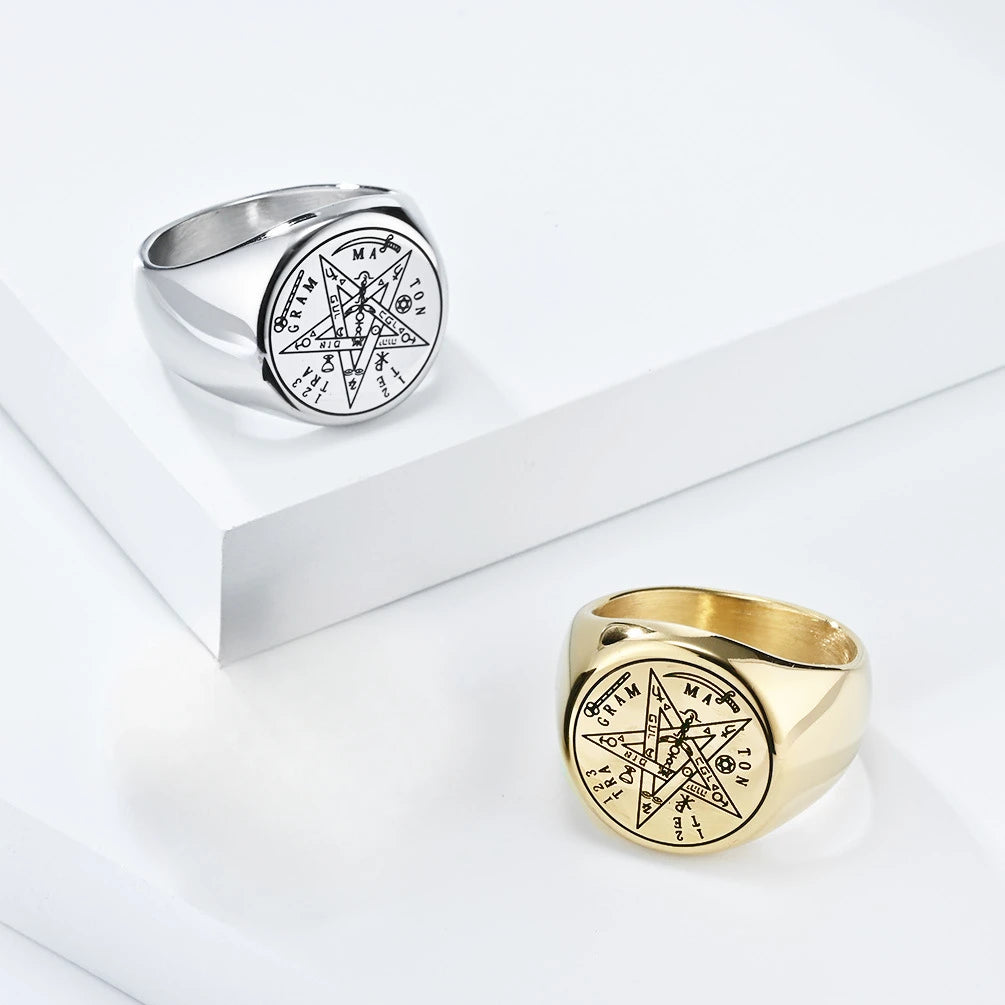 Jewish Tetragrammaton Hebrew Pentagram Rings Stainless Steel Pentacle Ring for Men Witchcraft Power Protection Amulet