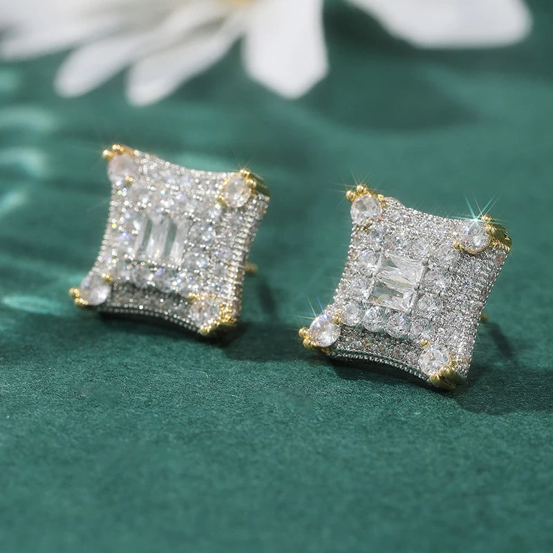 Fashion Hip Hop Inlaid Synthetic Zirconia Square Stud Earrings for Men Women Party Daily Versatile Jewelry Crafts