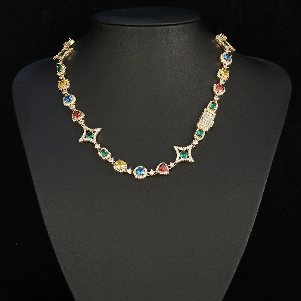 Gold Iced Out Chain Necklace Colored Gemstone