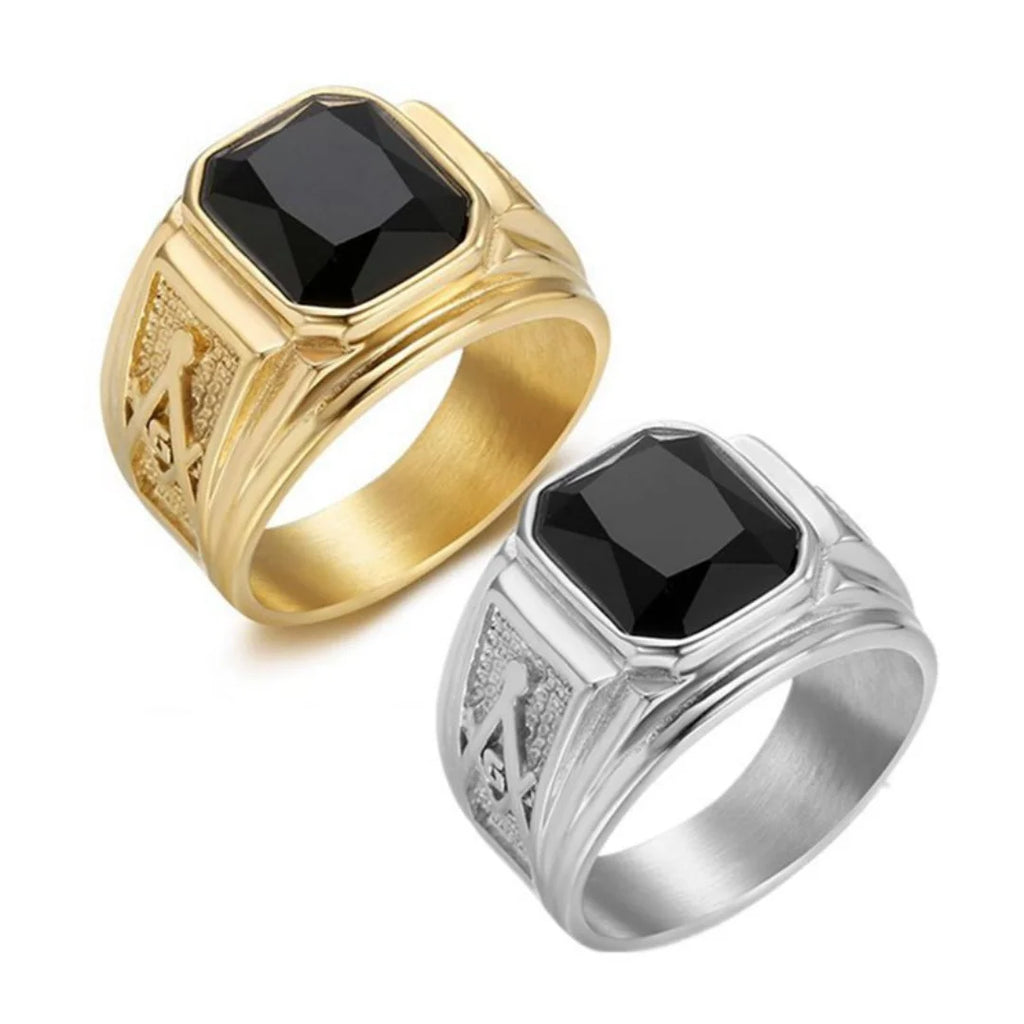 Hip Hop Mystic Masonic Symbol Shiny Black Crystal Ring Gold Color Stainless Steel  Freemasonry Rings for Women Men Jewelry Gift