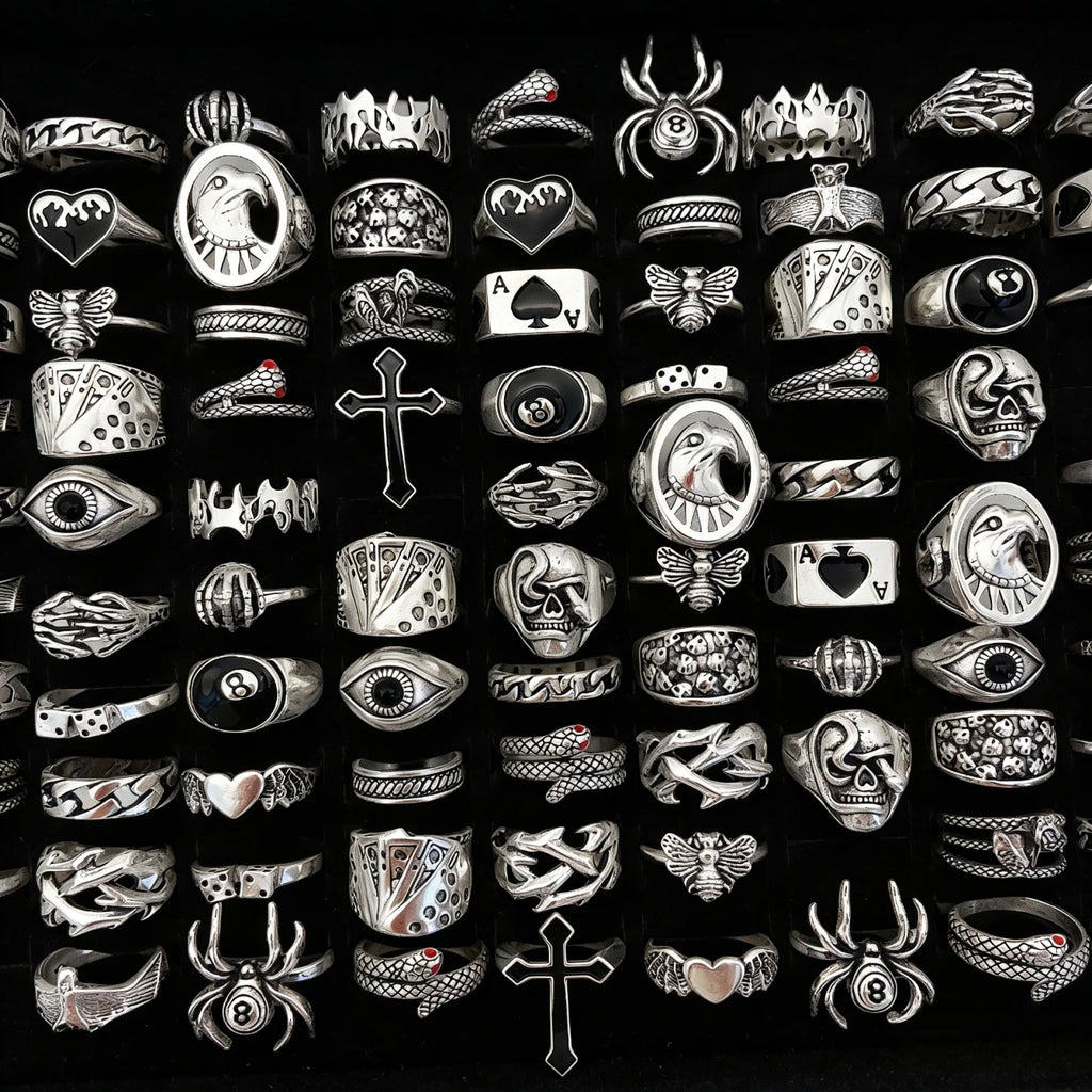 12/24/48/100Pieces Vintage Punk Rings Set For Women Men Mix Style Hip Hop Heart Snake Skull Eye Finger Ring Jewelry