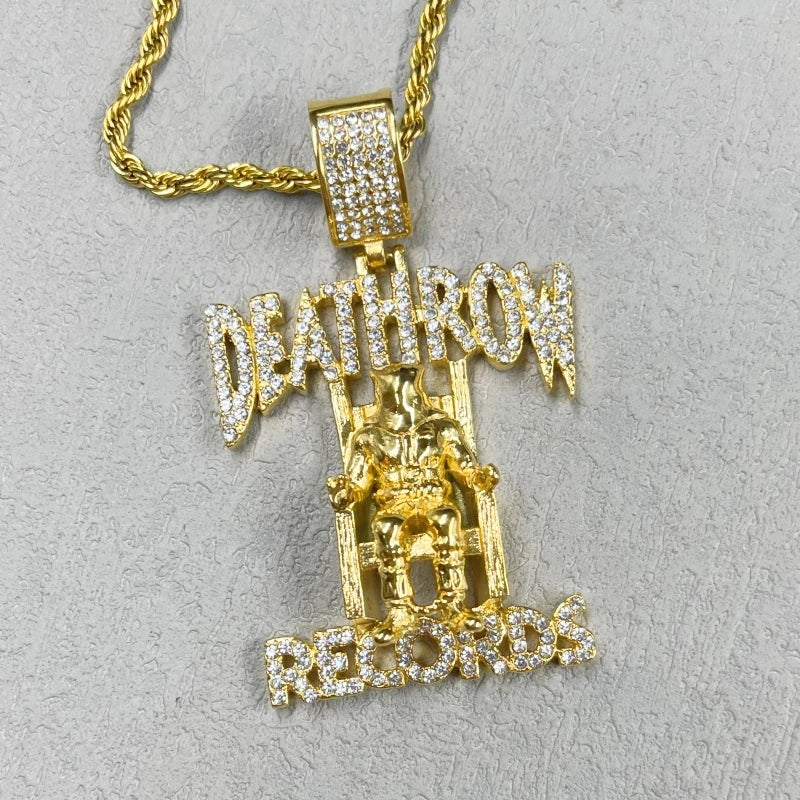 Hip Hop DEATHROW RECORDS Prisoner gold color Necklace with Rhinestones Pendant Accessories For Man Woman Iced Out