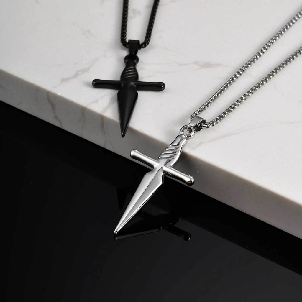 Men's Sword Cross Necklace,Short Sword Stainless Steel Pendant Necklace,Rock Punk Jewelry Gift