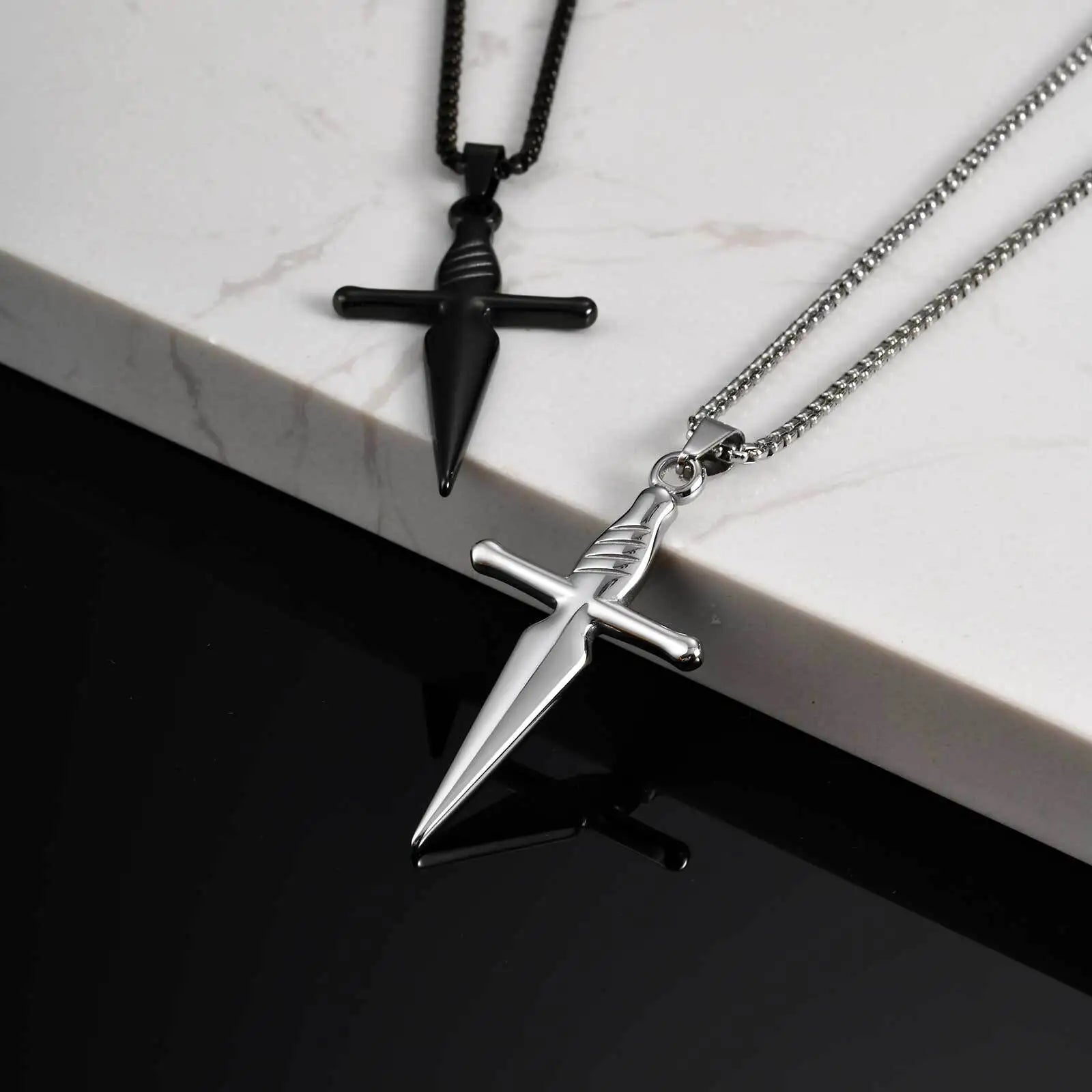 Men's Sword Cross Necklace,Short Sword Stainless Steel Pendant Necklace,Rock Punk Jewelry Gift