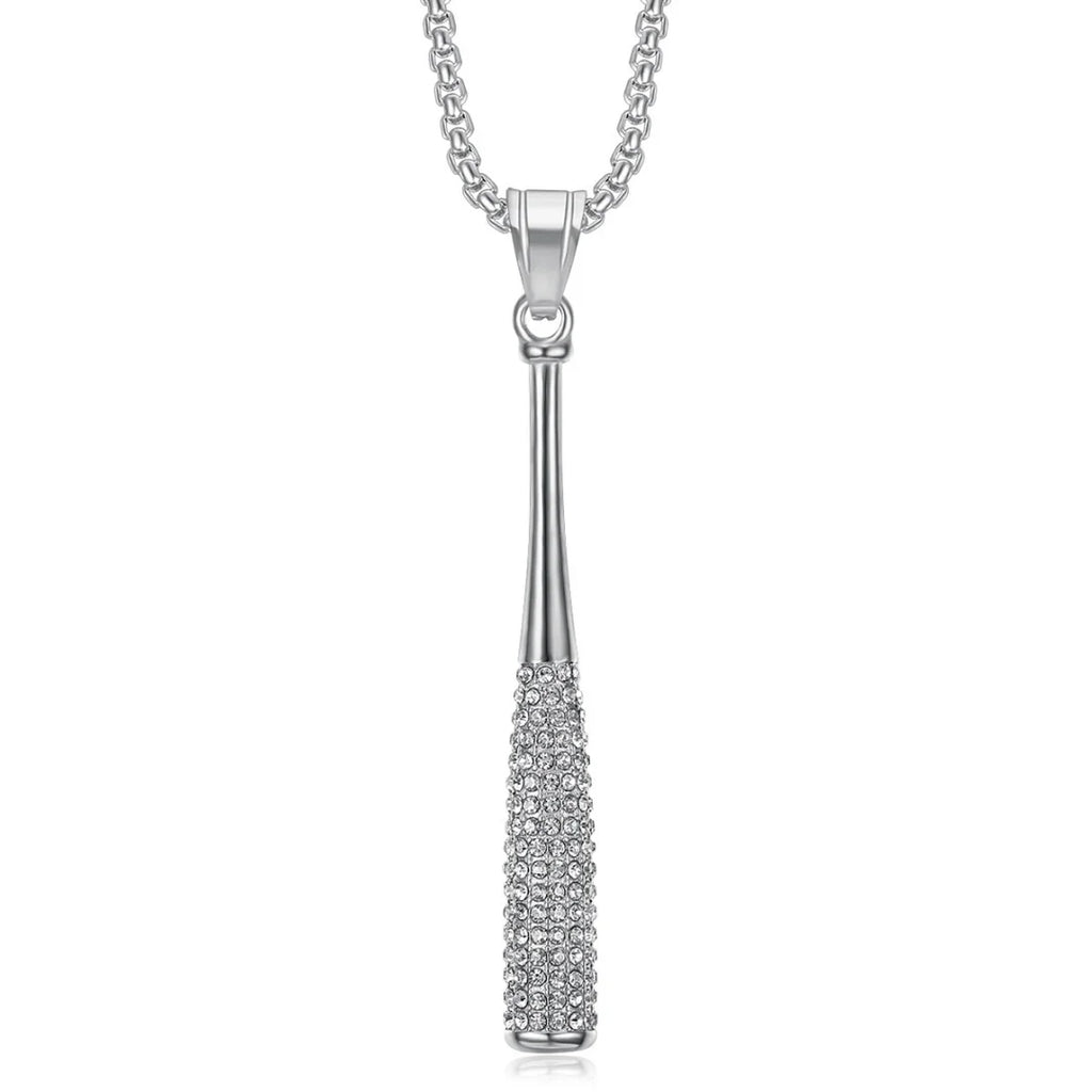 Iced Out Baseball Bat Pendant Necklace — Two-Tone Steel