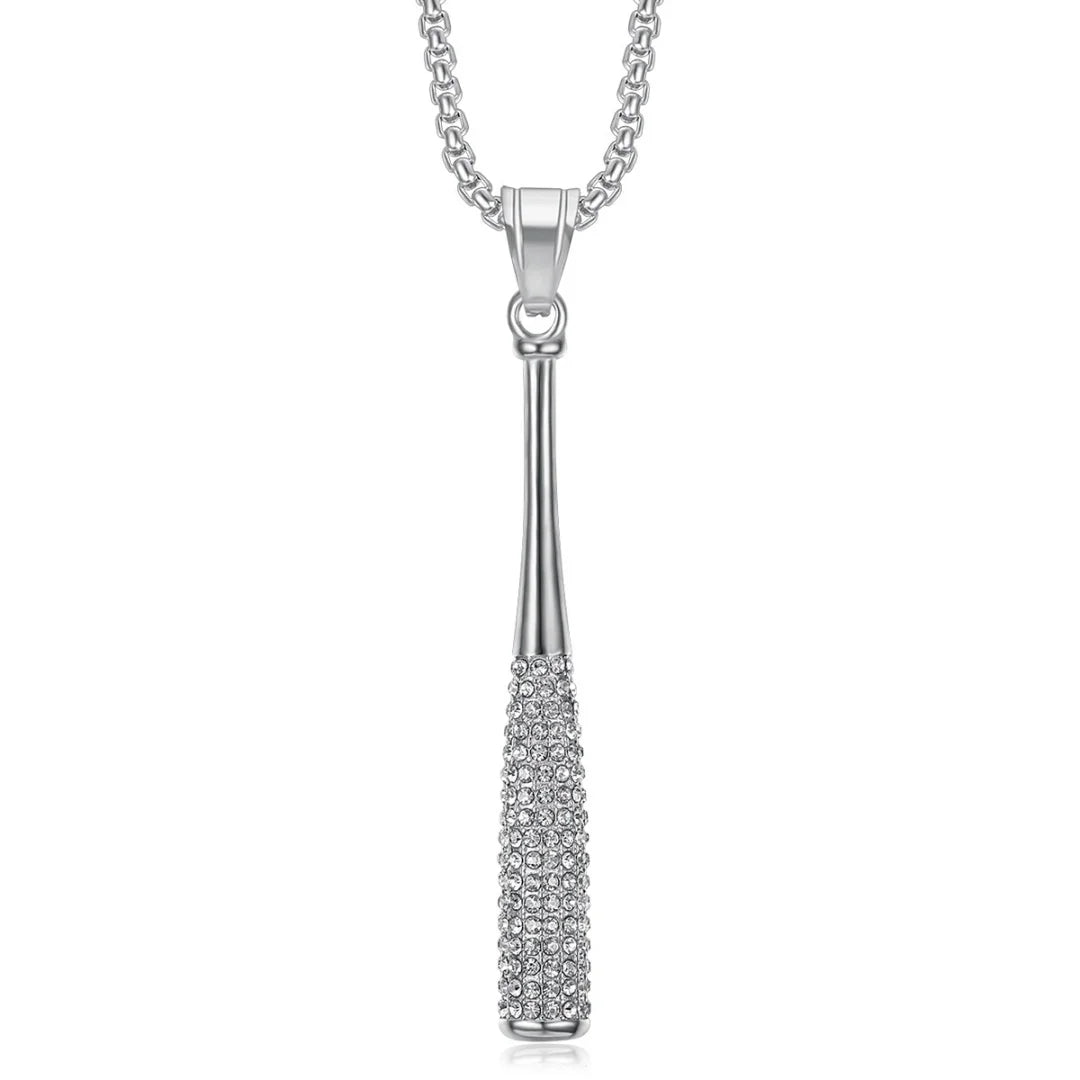 Iced Out Baseball Bat Pendant Necklace — Two-Tone Steel