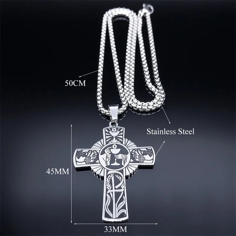 Christian Christ Eucharist Halo Grape Juice Cross Necklace Stainless Steel Men Women Catholic Holy Spirit Church Chain