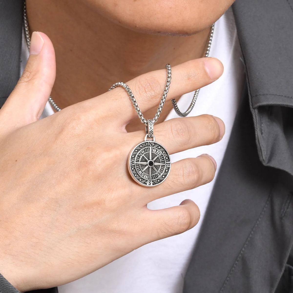 Vintage Compass Coin Pendant Necklace — Stainless Steel