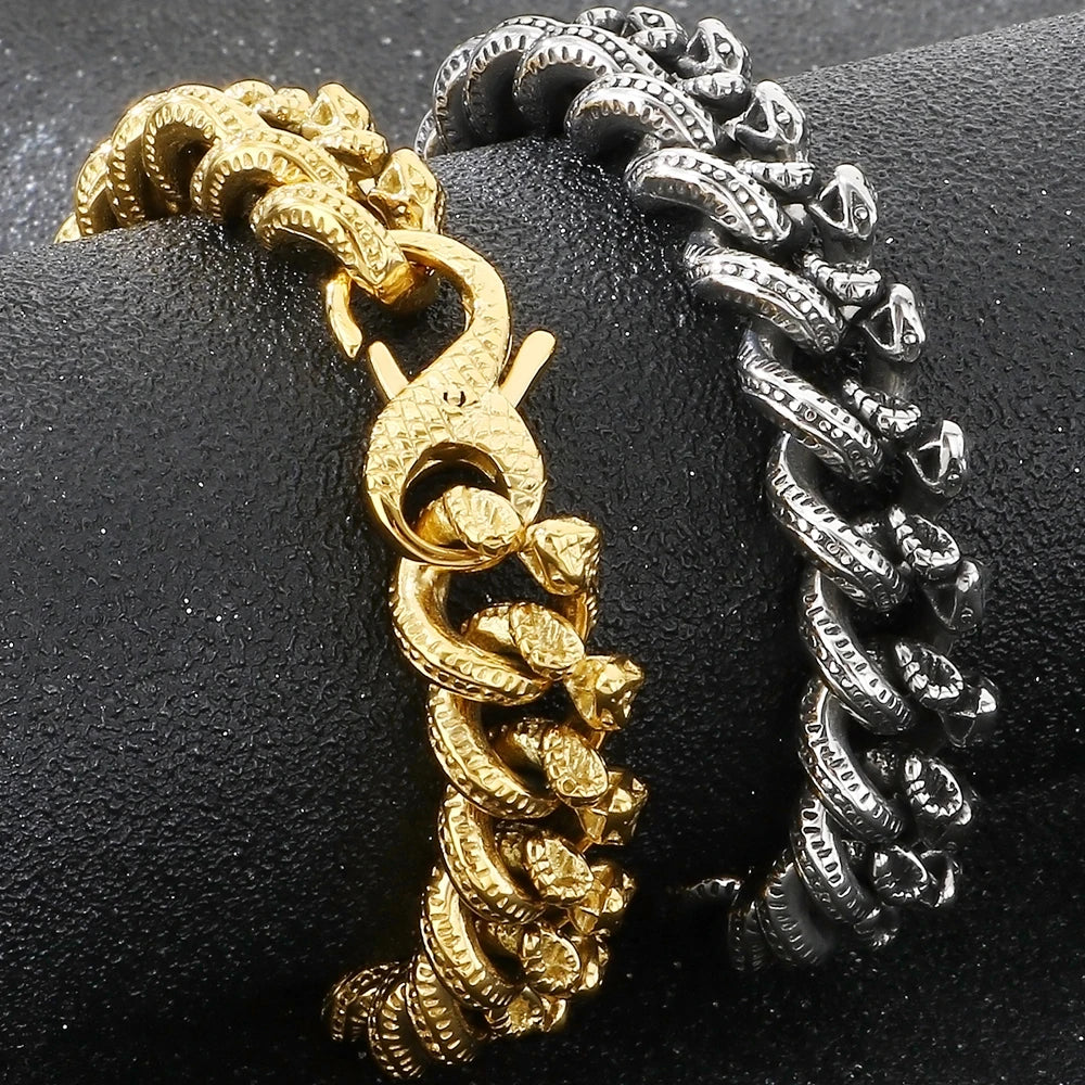 Gothic Man Bracelet Cool 14MM Wide Stainless Steel Snake Body Chain Bracelets for Men Biker Jewelry Charms for Boys