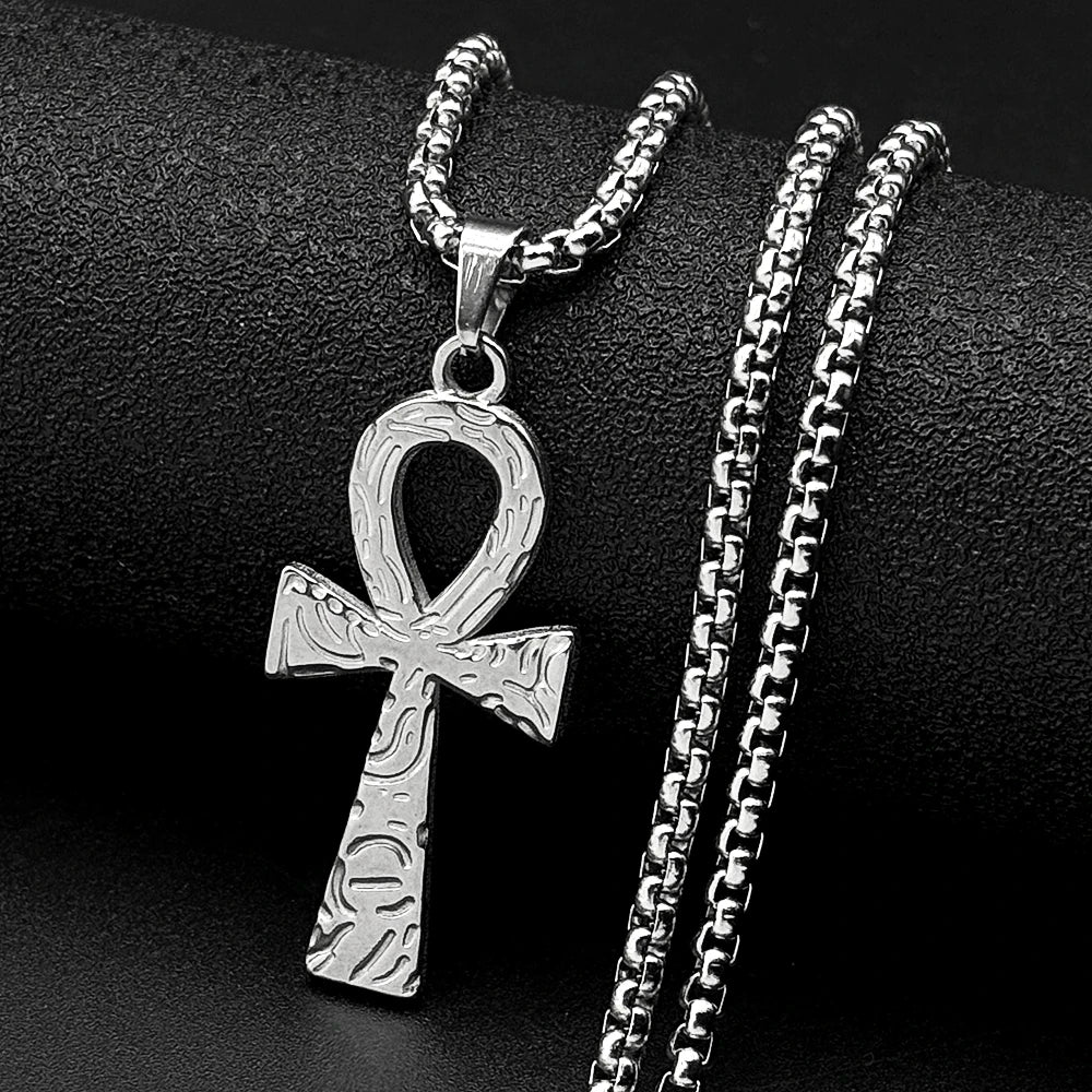 Egyptian Ankh Cross Stainless Steel Pendant Necklace for Women Men Key of Life Symbol Cross Chain Necklaces Amulet