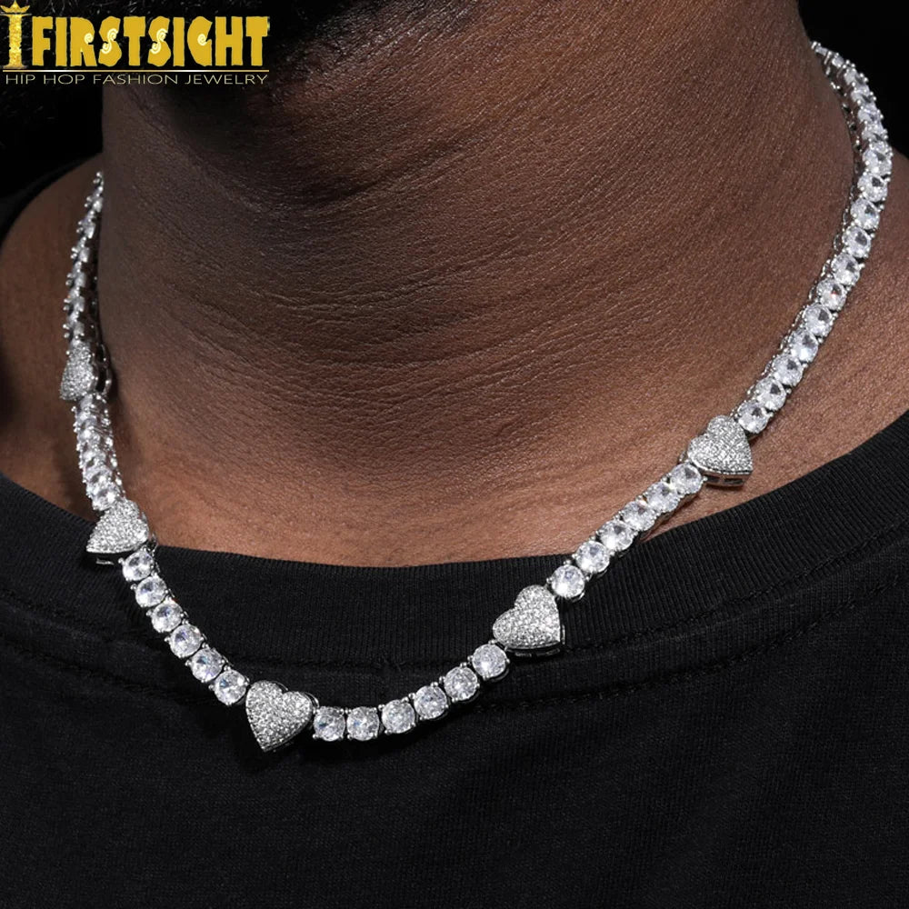 2025 New Iced Out Bling Heart Pendant Necklace Silver Color AAA Zircon 5mm Tennis Chain Charm Women Men Hip Hop Fashion