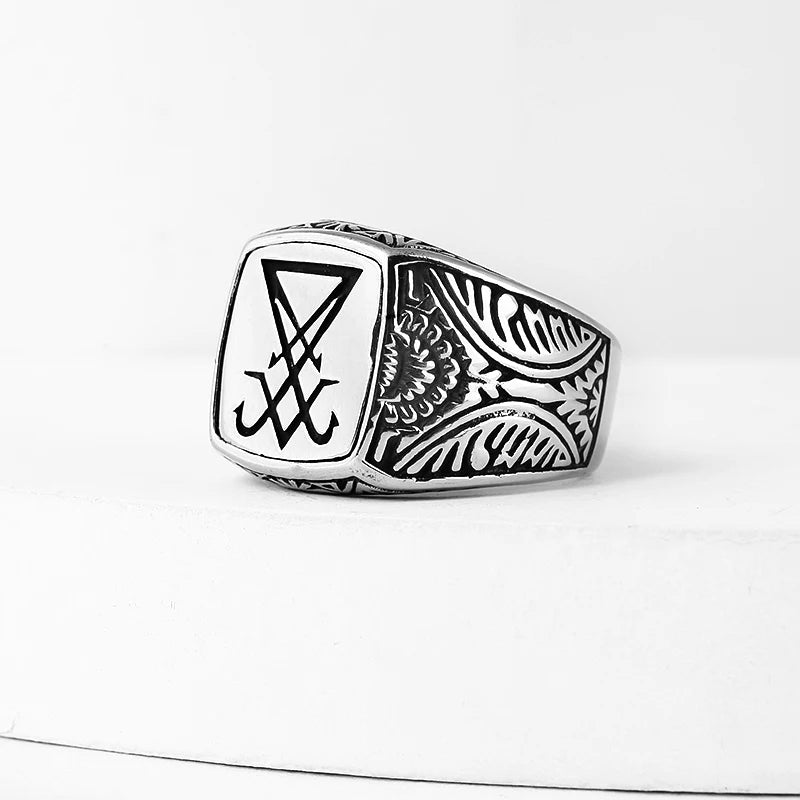 Vintage Sigil Lucifer Rock Ring 316L Stainless Steel Seal of Satan Rings for Men Male Punk Rock Jewelry OSR918