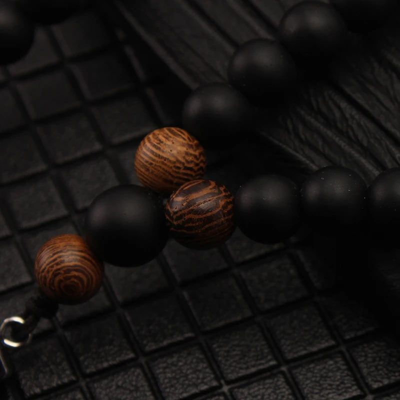 Wood Bead Arrow Pendant Necklace 8mm for Men — Black-Tone