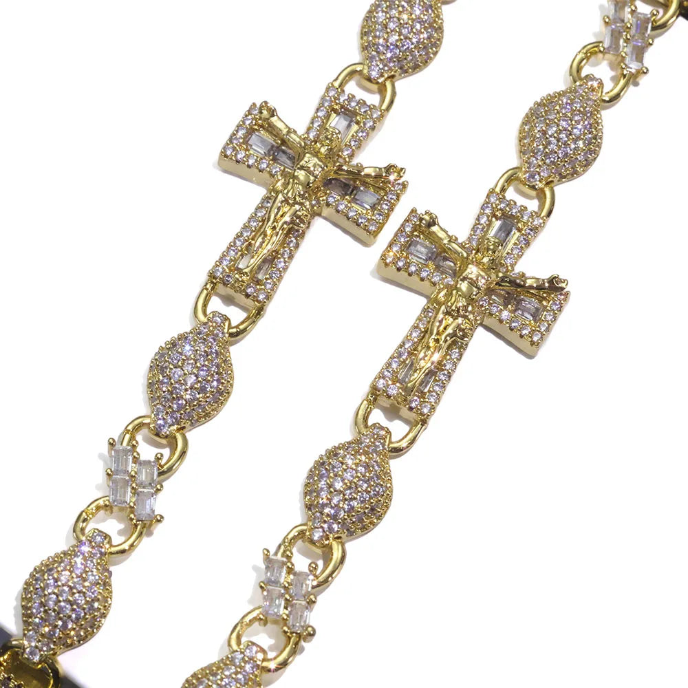 Gold Cross Jesus Bracelet Iced Out 8MM Bead