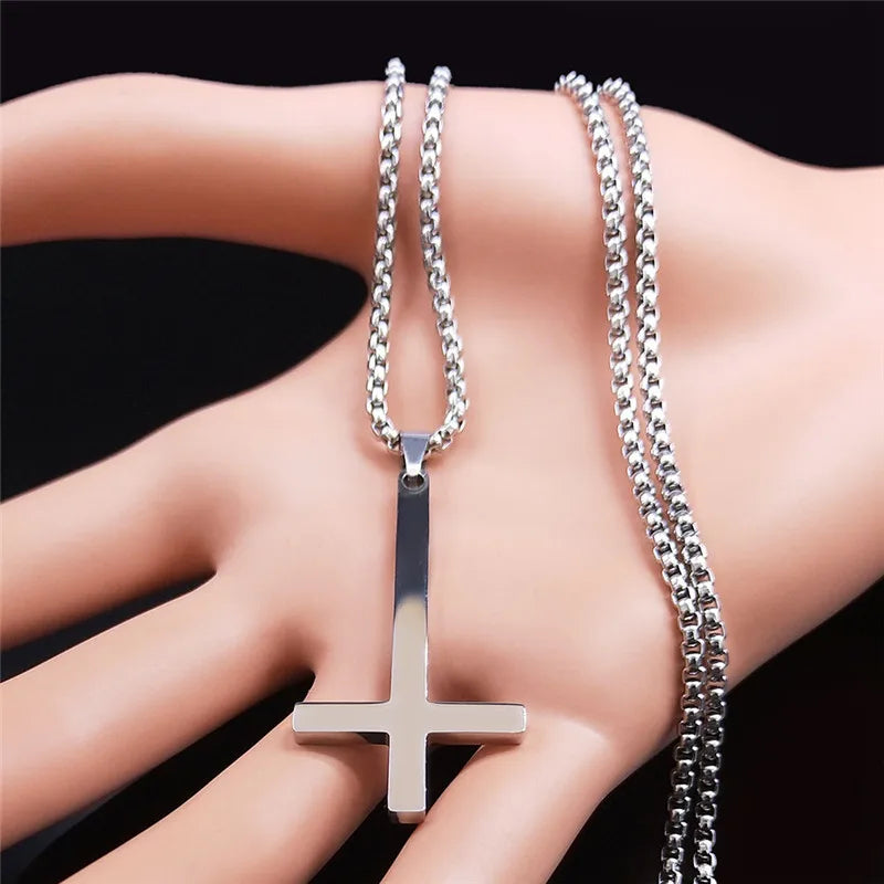 Witchcraft Pagan Stainless Steel Upside Down Cross Necklace Women/Men Inverted Cross Necklace Jewelry collier N8373S02