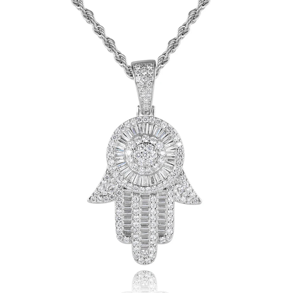 Iced Out Hamsa Pendant Necklace Stainless Steel