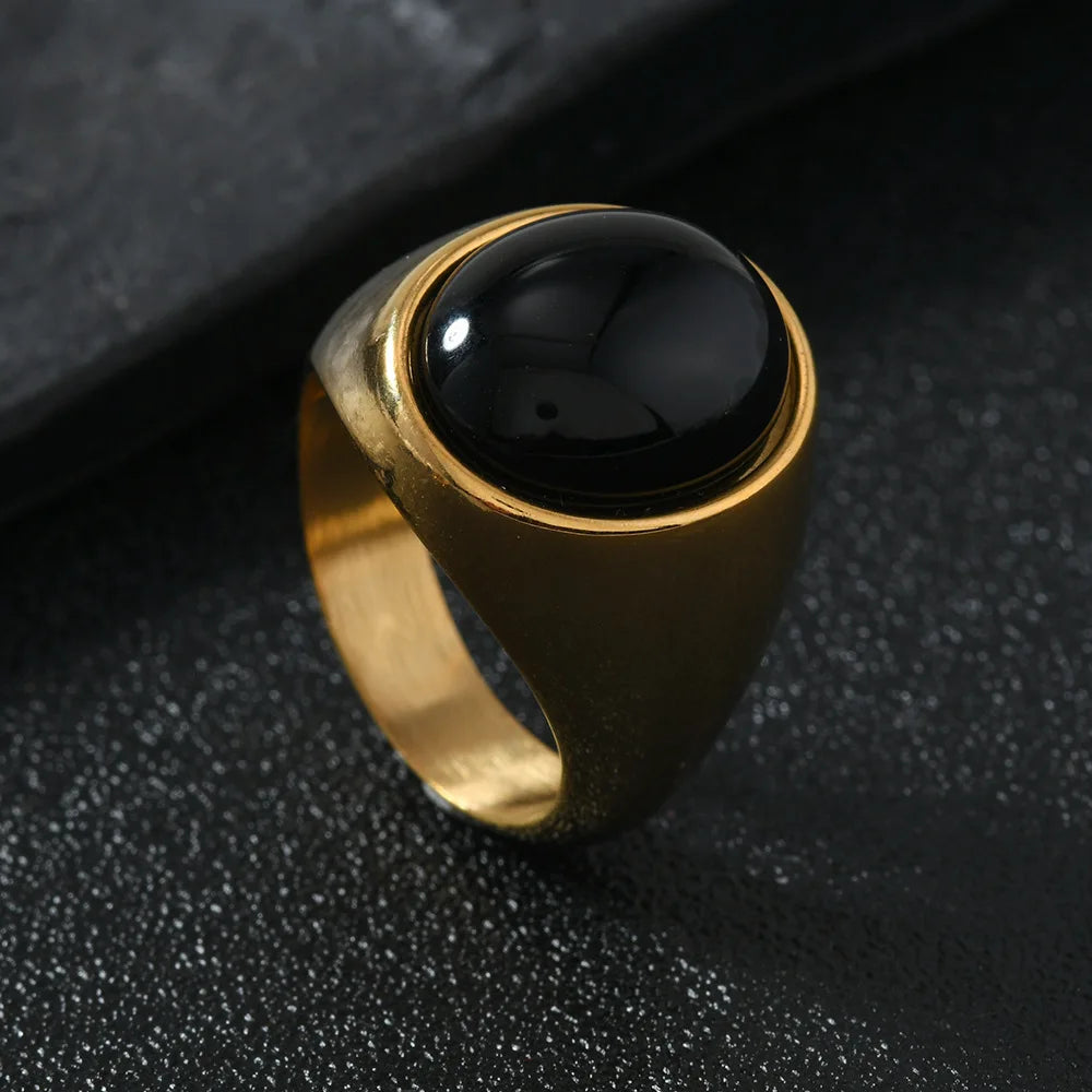Tiger Black Ring 316L Oval Natural Stone