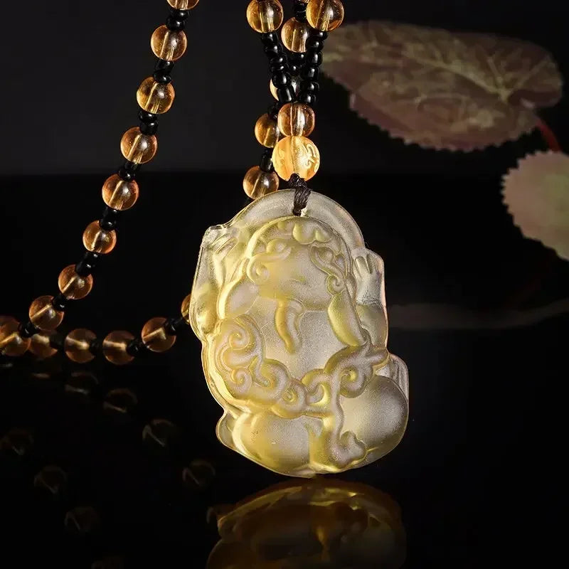 Obsidian Gossip Pendant Necklace Carving Dragon and Phoenix Shape Lucky Amulet Jewelry Six-Character Mantra Pearl