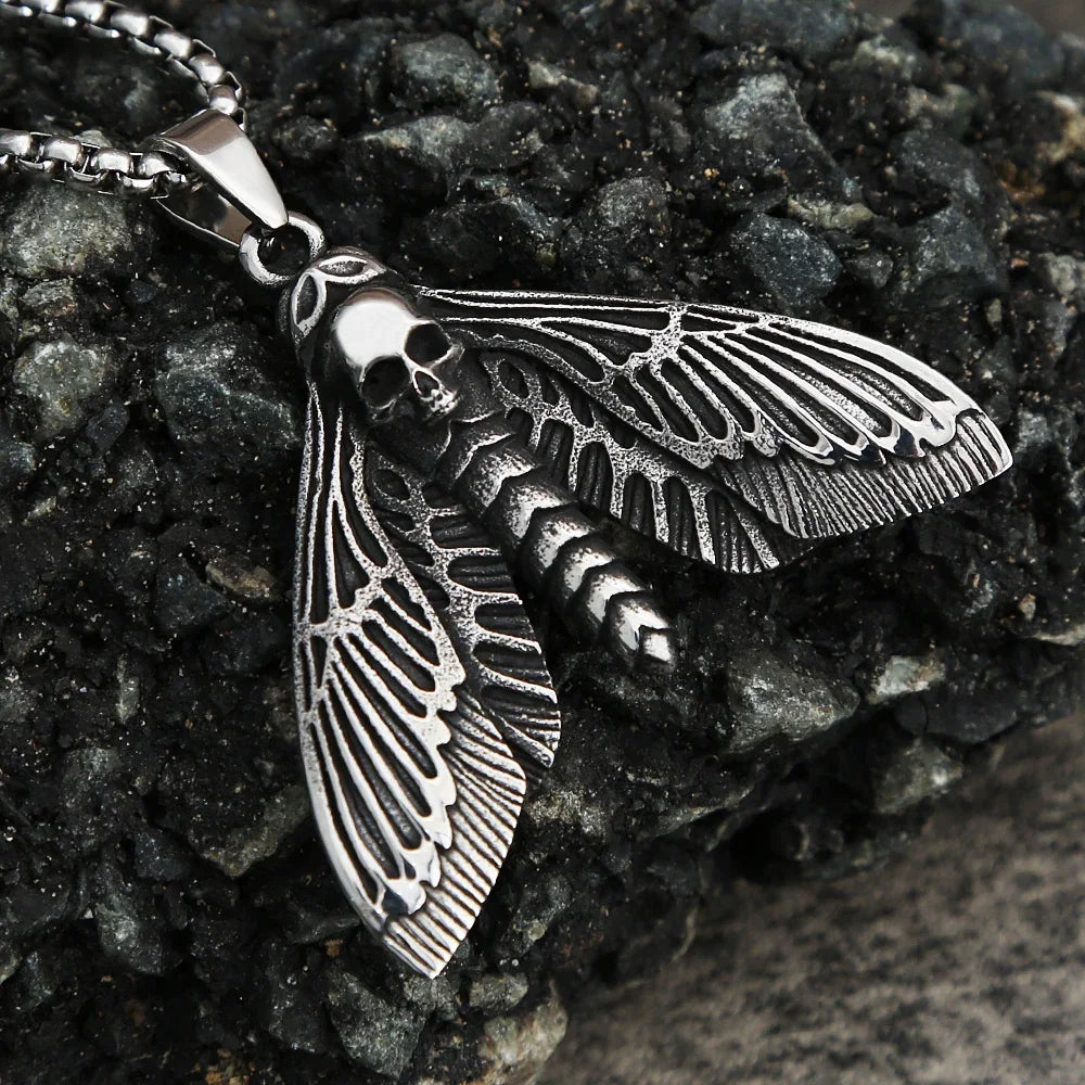 Vintage Gothic Style Death Moth Necklace Unisex Punk Stainless Steel Butterfly Skull Pendant Animal Jewelry Gift