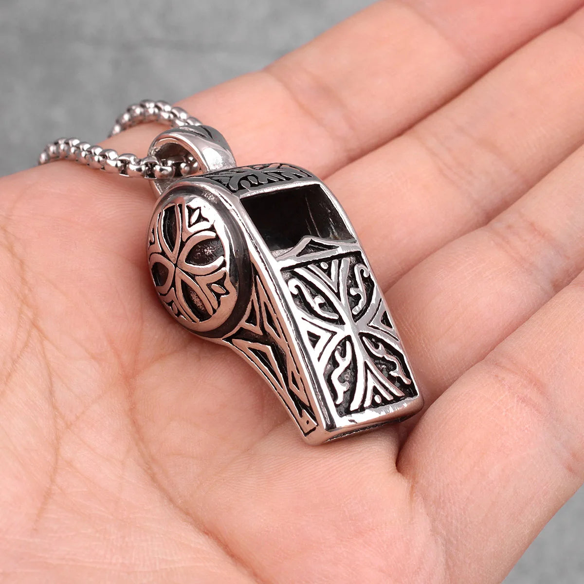 Vintage Whistle Pendant Long Necklace — Steel