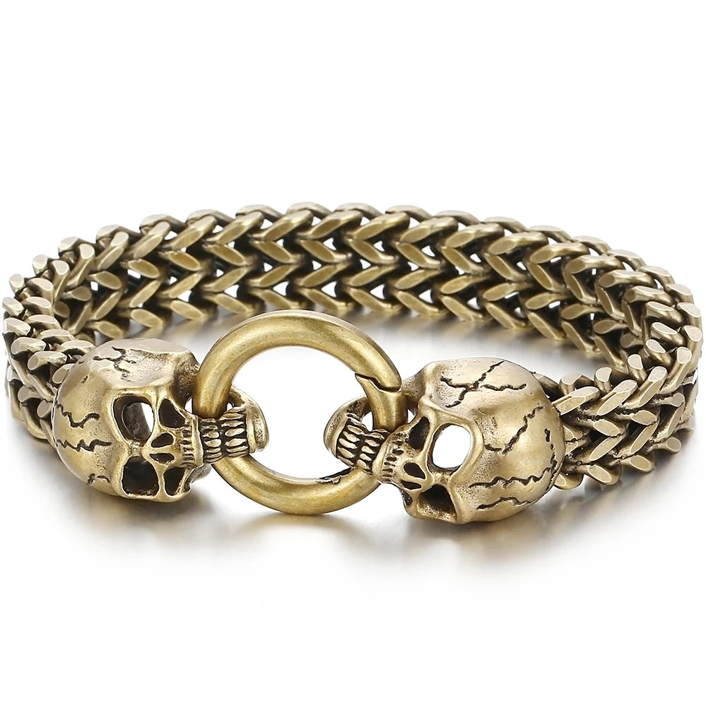 Vintage Men's Punk Skull Bracelet for Man Waterproof Ancient Gold Color Stainless Steel Gothic Chain Biker Skeleton