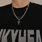 4pcs Personality Trendy Black Zircons Awn Star Cross Pendant Cuban Chain Necklace for Men Friends Hip-hop Punk Jewelry Sets Gift