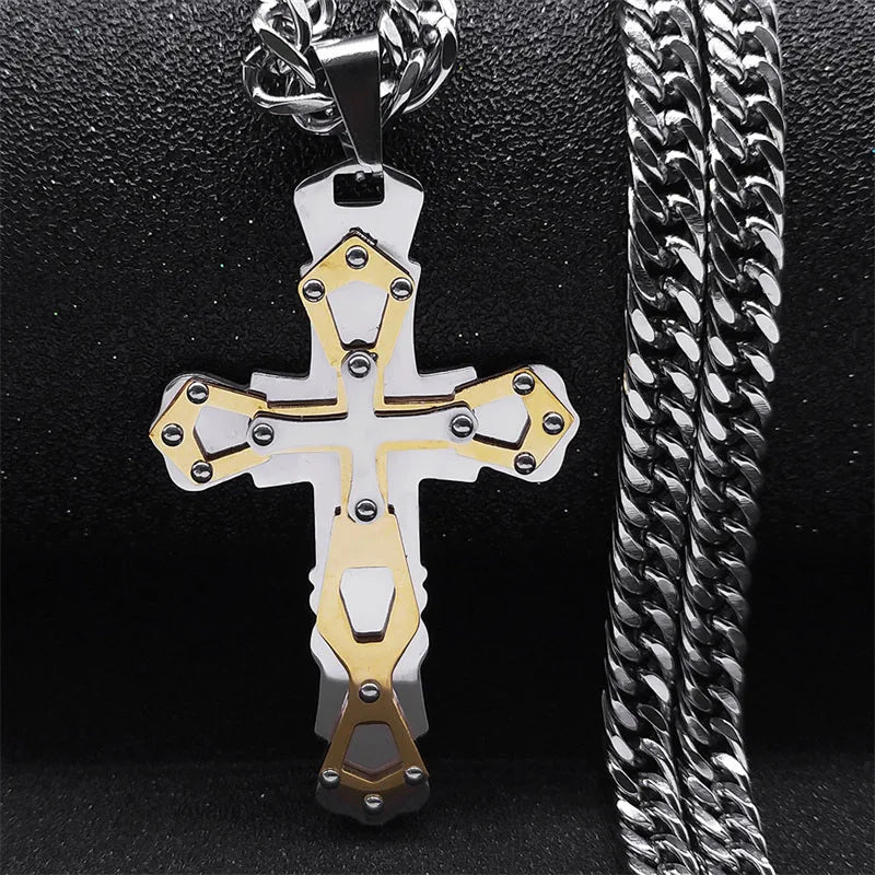 Cross Jesus Crucifix Two-Tone Pendant Layered