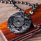 Natural Black Obsidian Hand Carved Chinese Dragon Phoenix Bird Amulet BaGua Necklace For Women Men Luck Mascot Amulet Pendant