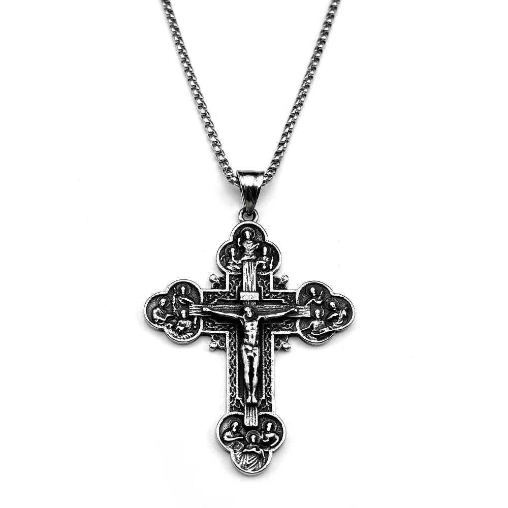 12 Apostles Jesus Crucifix Cross Christian Pendant Necklace for Women Men Stainless Steel Vintage 316L Amulet Chain