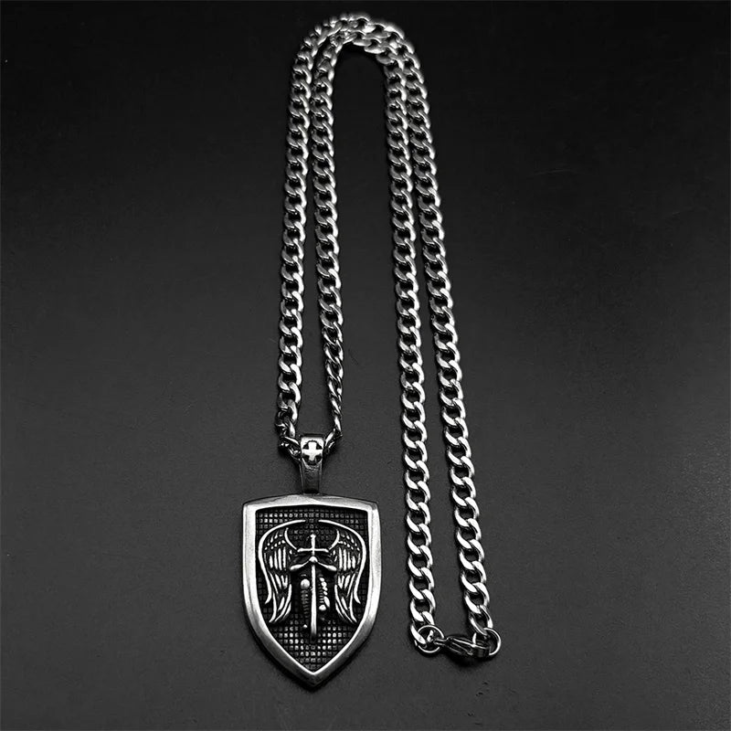 Saint Michael Archangel Knight Necklace Women Men Stainless Steel Silver Color Shield Guardian Angel Christian Amulet Jewelry