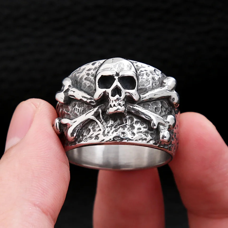Punk Vintage Stainless Steel Crossbones Pirate Skull Ring For Men Boys Biker Hip Hop High Quality Fashion Jewelry Gift