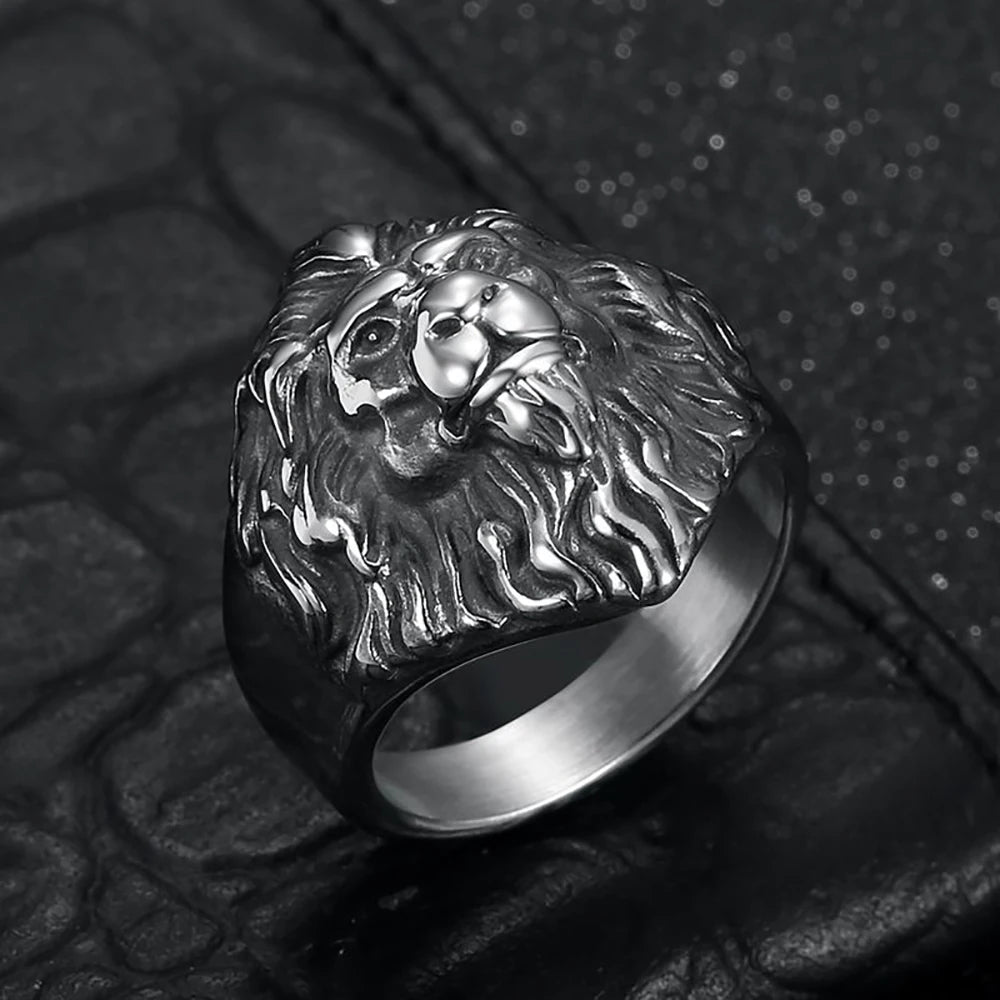 Hip Hop Gold Color Lion Head Ring Stainless Steel Big Large Animal Lion Finger Rings For Men Boys Punk Rapper Jewelry