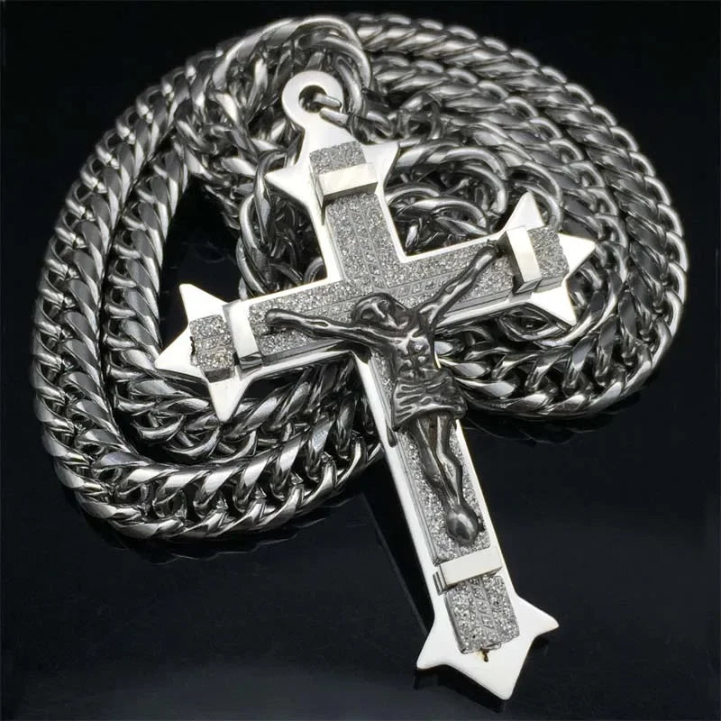 Gold tone Cross Christ Jesus Pendant Necklace Stainless Steel Link rolo Chain Heavy Men Jewelry Gift 21.65" 7mm